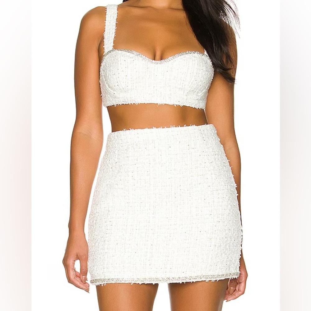 NBD LOLA Tweed Lurex Crystal Embellished Set Crop & Mini skirt